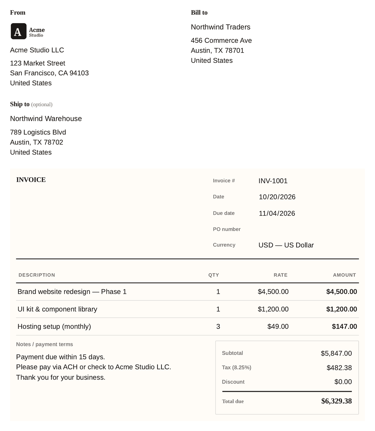 Filled sample invoice template with logo, three line items, tax and total due